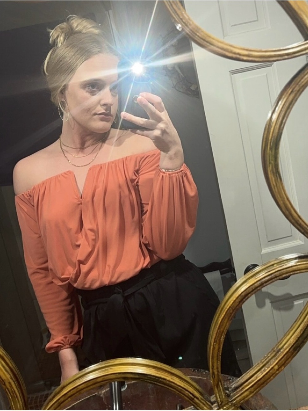 Off-Shoulder Long Sleeve Blouse in Terracotta